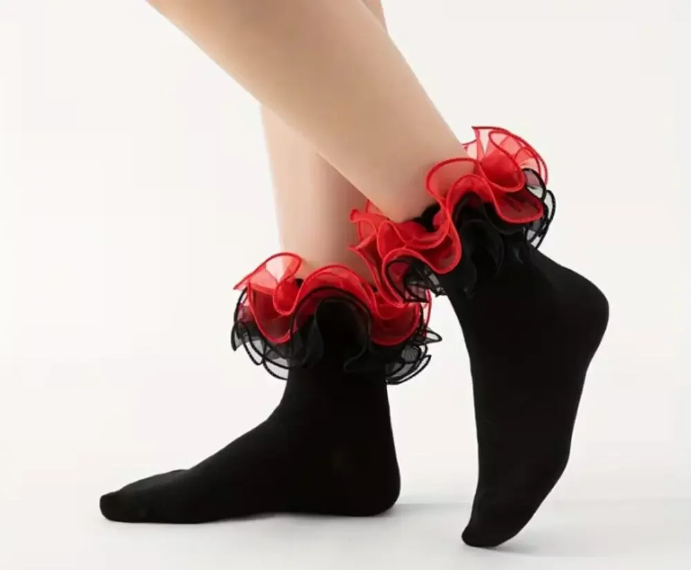 Black Socks with Red and Black Chiffon Ruffled Scallop Tops New Goth Lolita
